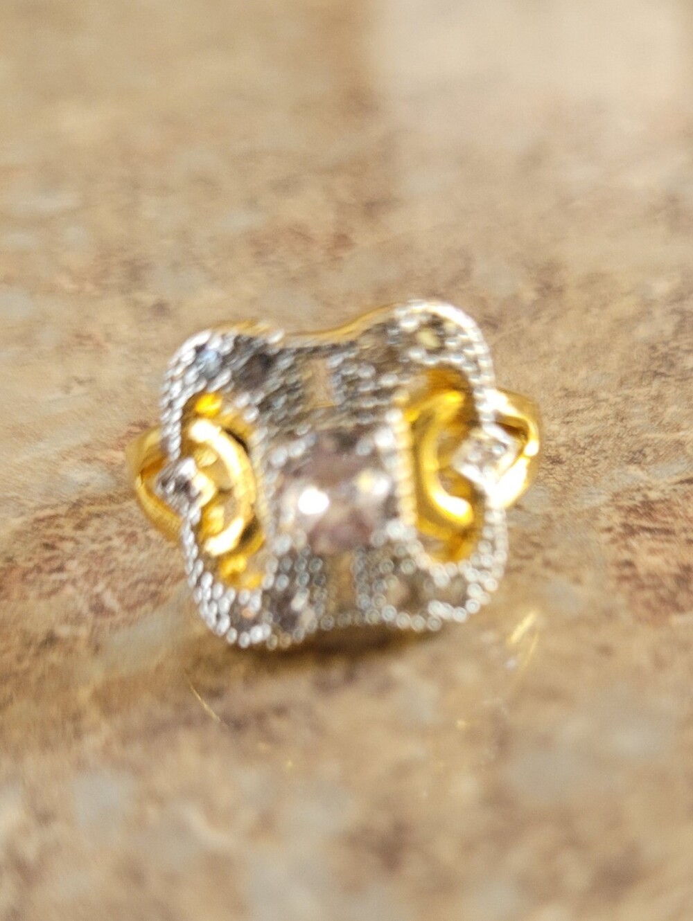 Gold/Silver Tone Clear Round Crystal Cocktail Ring - Size 6